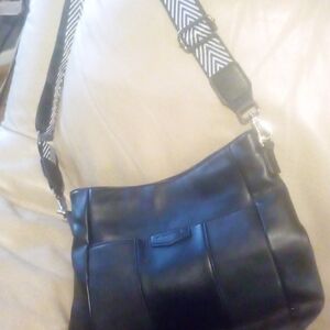 Black Leather Shoulder Bag with Patterned Strap